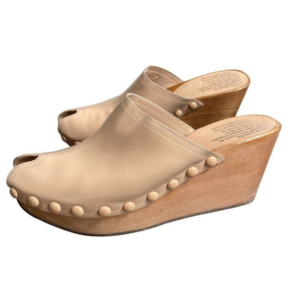 Pedro Garcia Clog Wood Platform Wedge Peep Toe Tan Slip On Size 38 - Picture 3 of 8